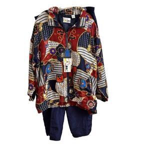 Lady C.A. Sport 100% Silk Nautical Track Suit Jacket Pants Set Size 2X NEW